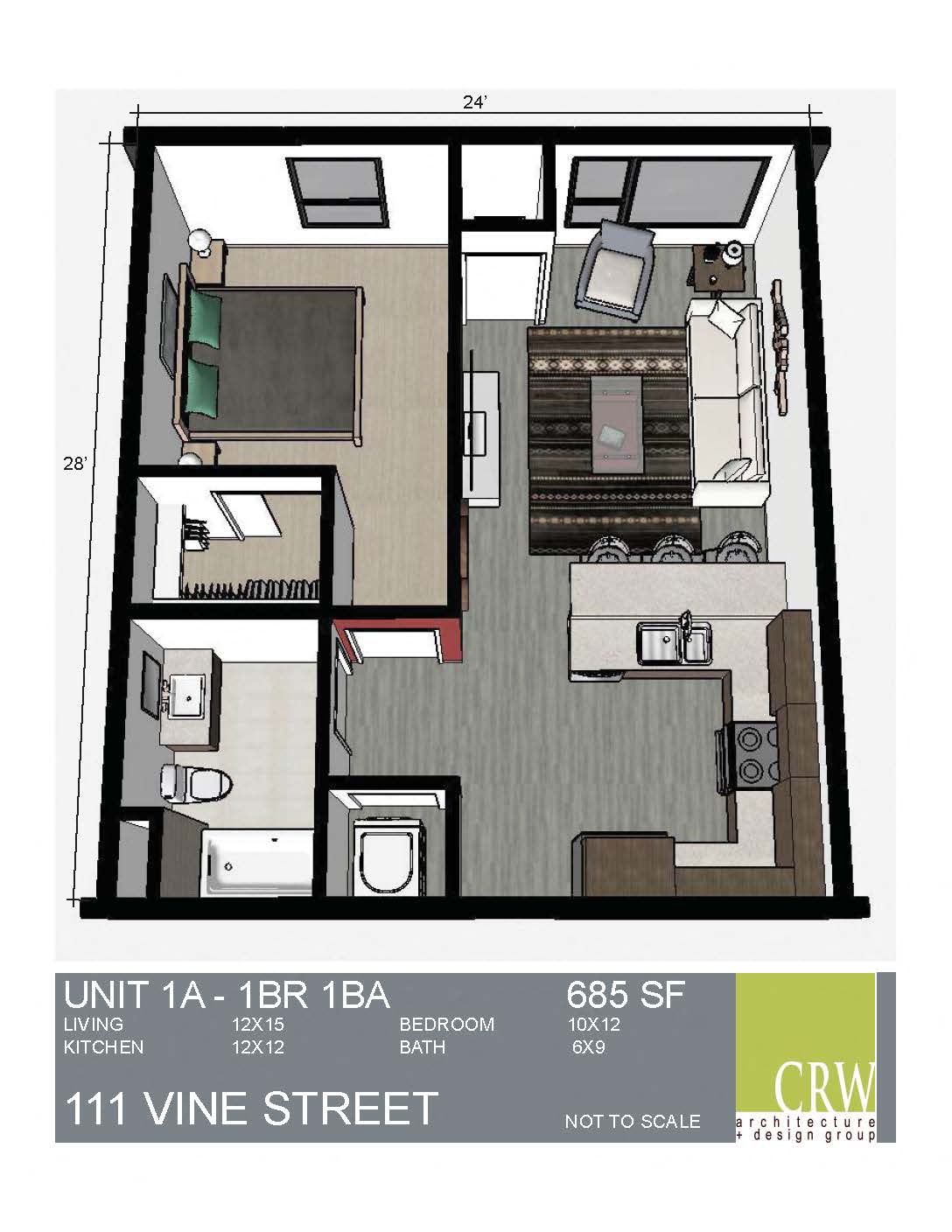 Floor plan for 1 bed, 1 bath, 907 sqft